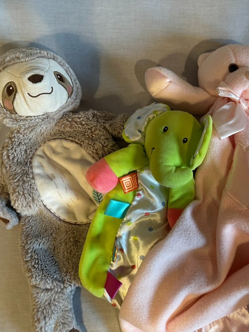 3 pc Baby Sensory Bundle - Taggies Elephant, Douglas Baby sloth, and Bear Lovey